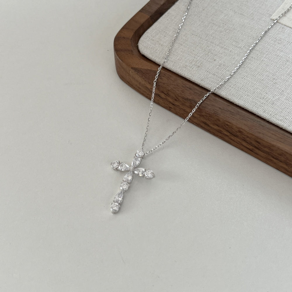 S925 Sterling Silver Cross Necklace with White Drop-Pear & Round Cubic Zirconia - Niche Design, High-End & Versatile