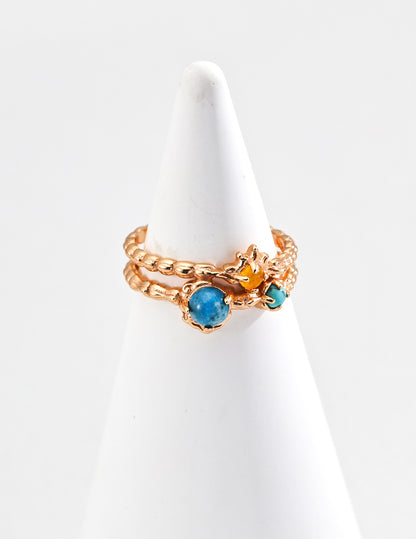 S925 Sterling Silver Vintage-inspired Ring with Imitation Turquoise, Yellow Chalcedony, and Apatite - Starry Night Dream Collection