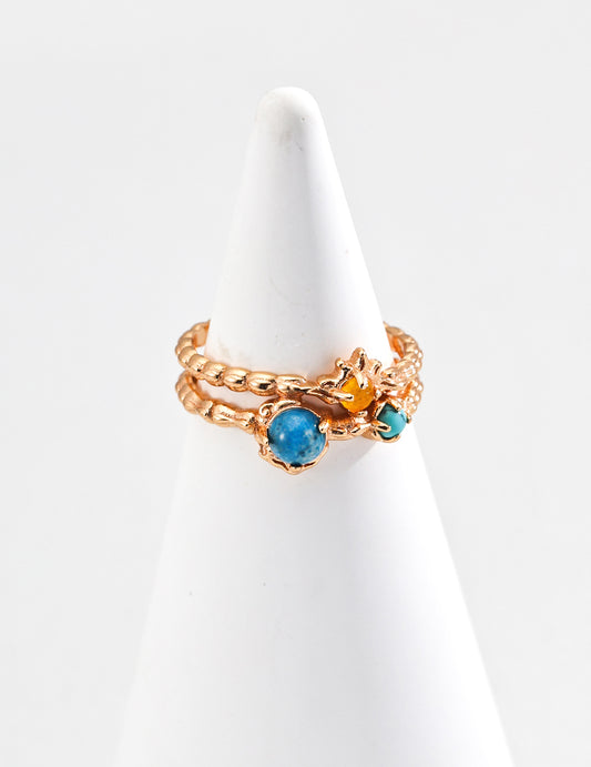 S925 Sterling Silver Vintage-inspired Ring with Imitation Turquoise, Yellow Chalcedony, and Apatite - Starry Night Dream Collection