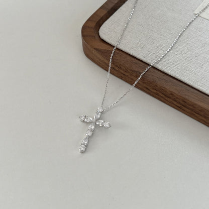 S925 Sterling Silver Cross Necklace with White Drop-Pear & Round Cubic Zirconia - Niche Design, High-End & Versatile