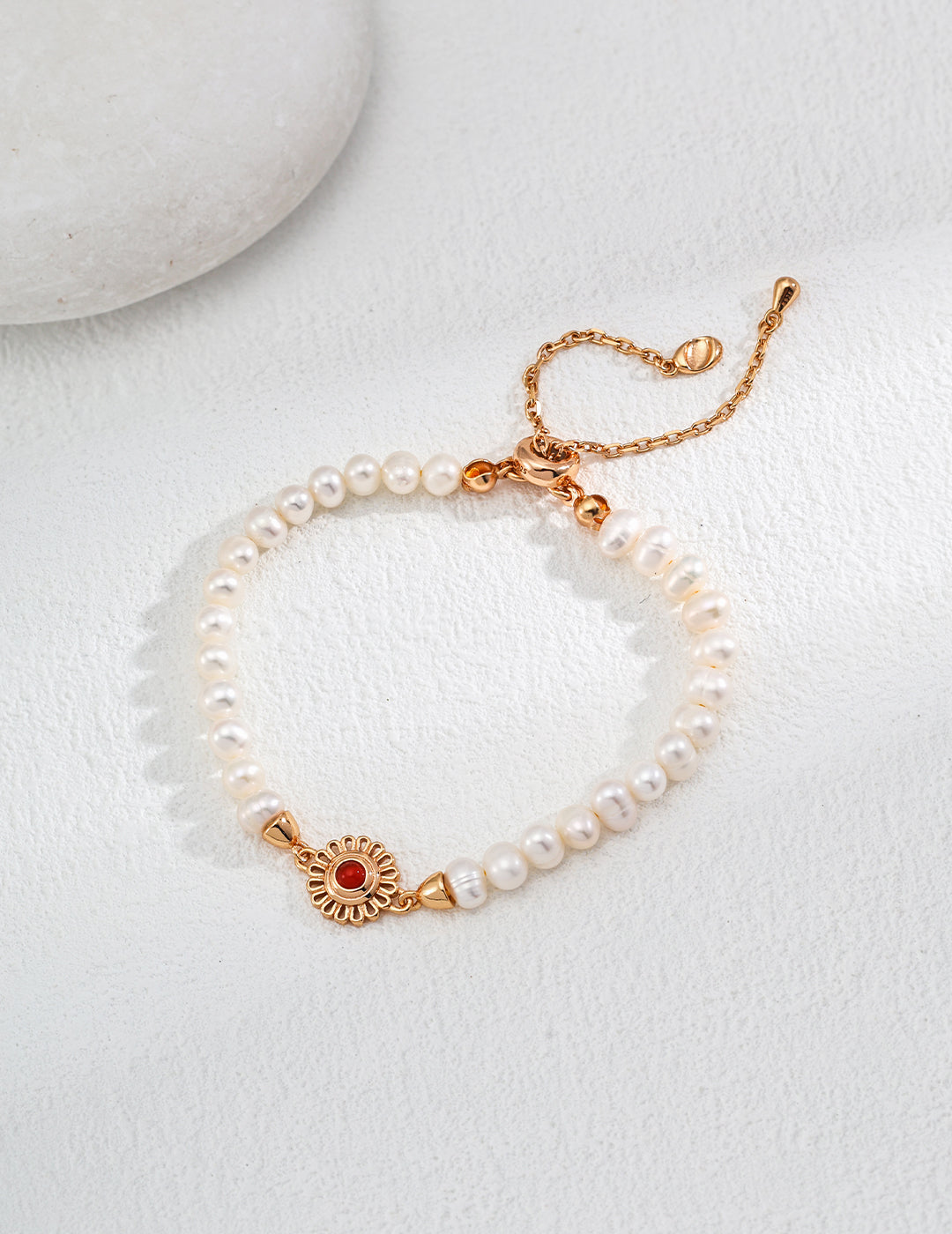 S925 Sterling Silver Bracelet with Natural Pearls and Red Agate