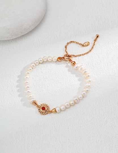 S925 Sterling Silver Bracelet with Natural Pearls and Red Agate