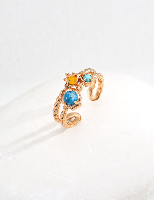 S925 Sterling Silver Vintage-inspired Ring with Imitation Turquoise, Yellow Chalcedony, and Apatite - Starry Night Dream Collection