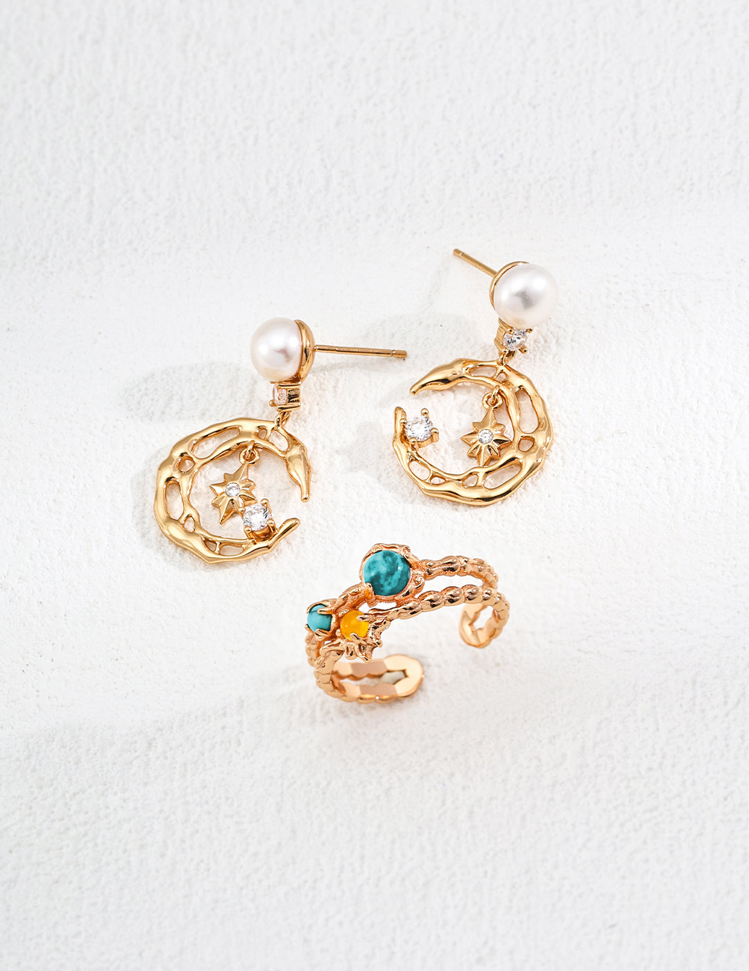 S925 Sterling Silver Vintage-inspired Ring with Imitation Turquoise, Yellow Chalcedony, and Apatite - Starry Night Dream Collection