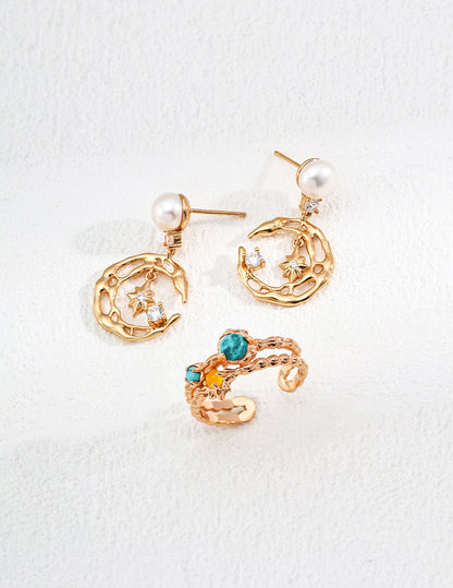 S925 Sterling Silver Vintage-inspired Ring with Imitation Turquoise, Yellow Chalcedony, and Apatite - Starry Night Dream Collection