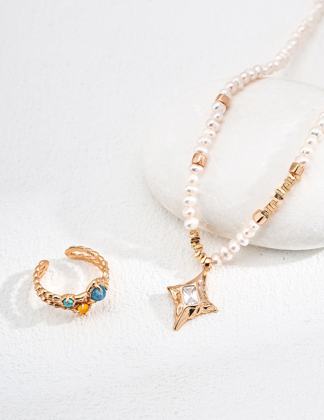 S925 Sterling Silver Vintage-inspired Ring with Imitation Turquoise, Yellow Chalcedony, and Apatite - Starry Night Dream Collection