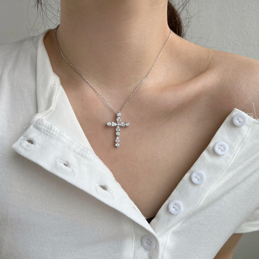 S925 Sterling Silver Cross Necklace with White Drop-Pear & Round Cubic Zirconia - Niche Design, High-End & Versatile