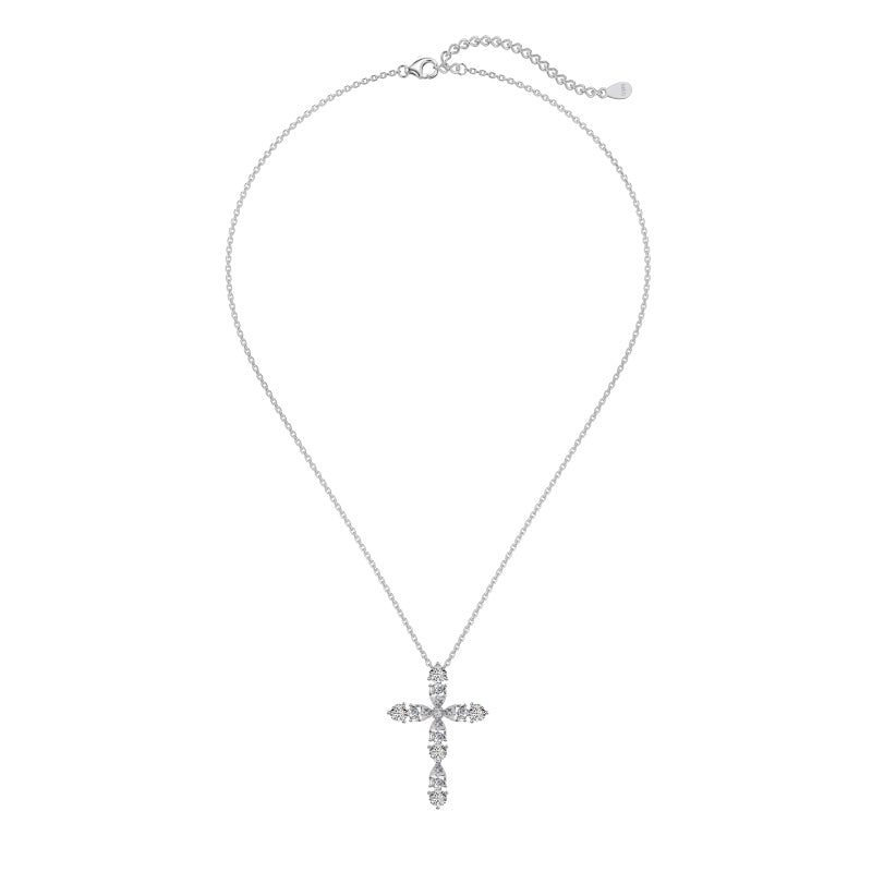 S925 Sterling Silver Cross Necklace with White Drop-Pear & Round Cubic Zirconia - Niche Design, High-End & Versatile
